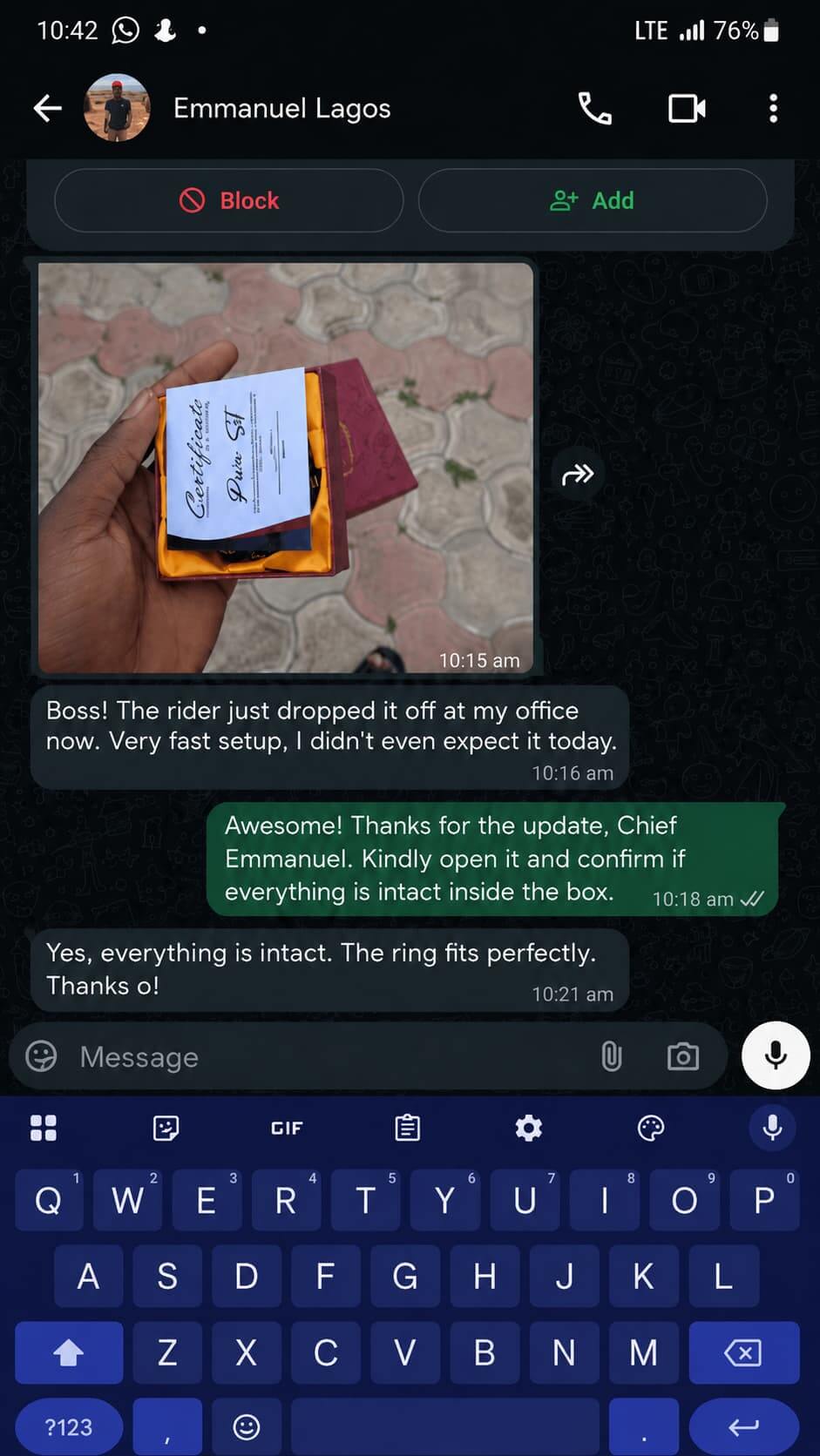 Customer WhatsApp message
