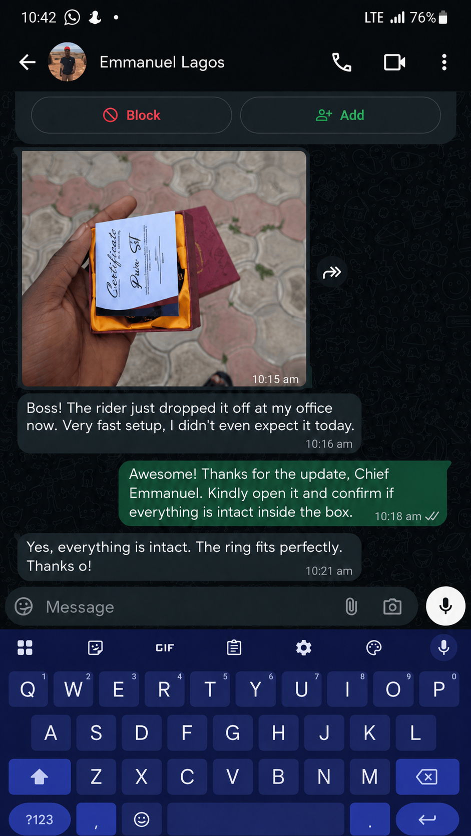 Emmanuel Lagos — delivery confirmed
