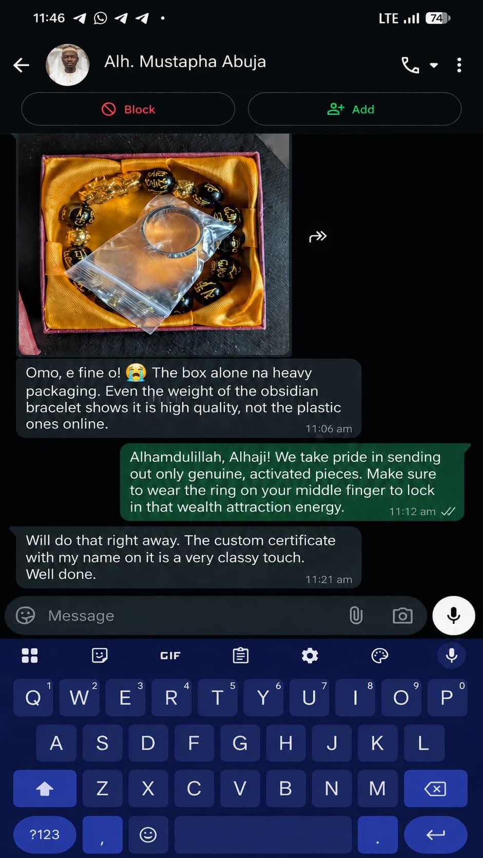 Customer WhatsApp message
