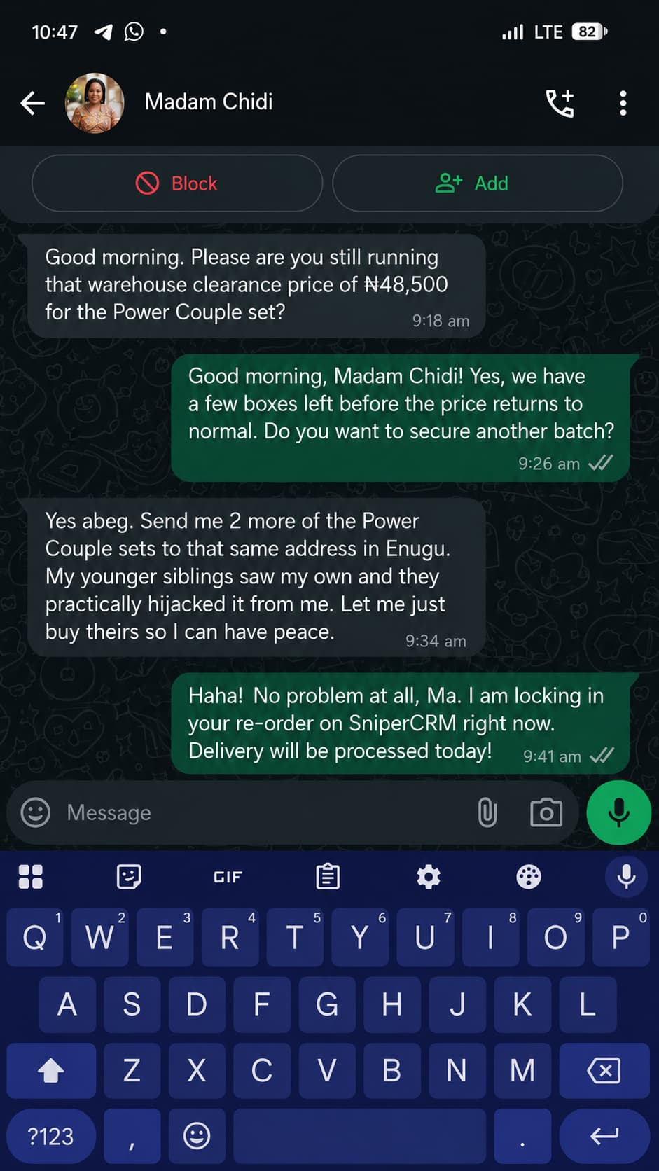 Customer WhatsApp message